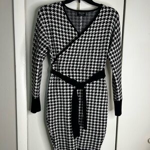 Houndstooth Wrap Long Sleeve Knit Dress in Black and White